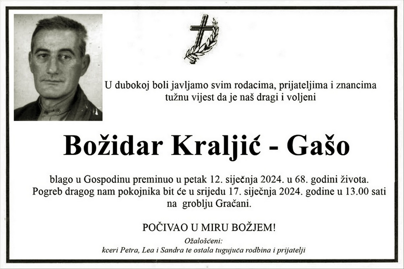 Obavijest o smrti Božidara Kraljića